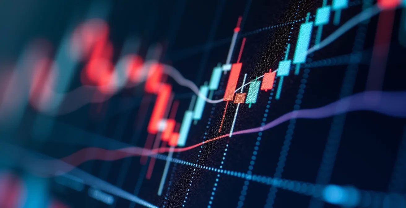Vista macro de pantalla mostrando gráficos técnicos y velas japonesas del IBEX 35