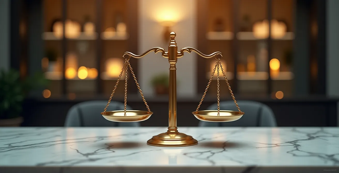 Balanza equilibrando símbolos de protección de datos y prevención de blanqueo en entorno corporativo