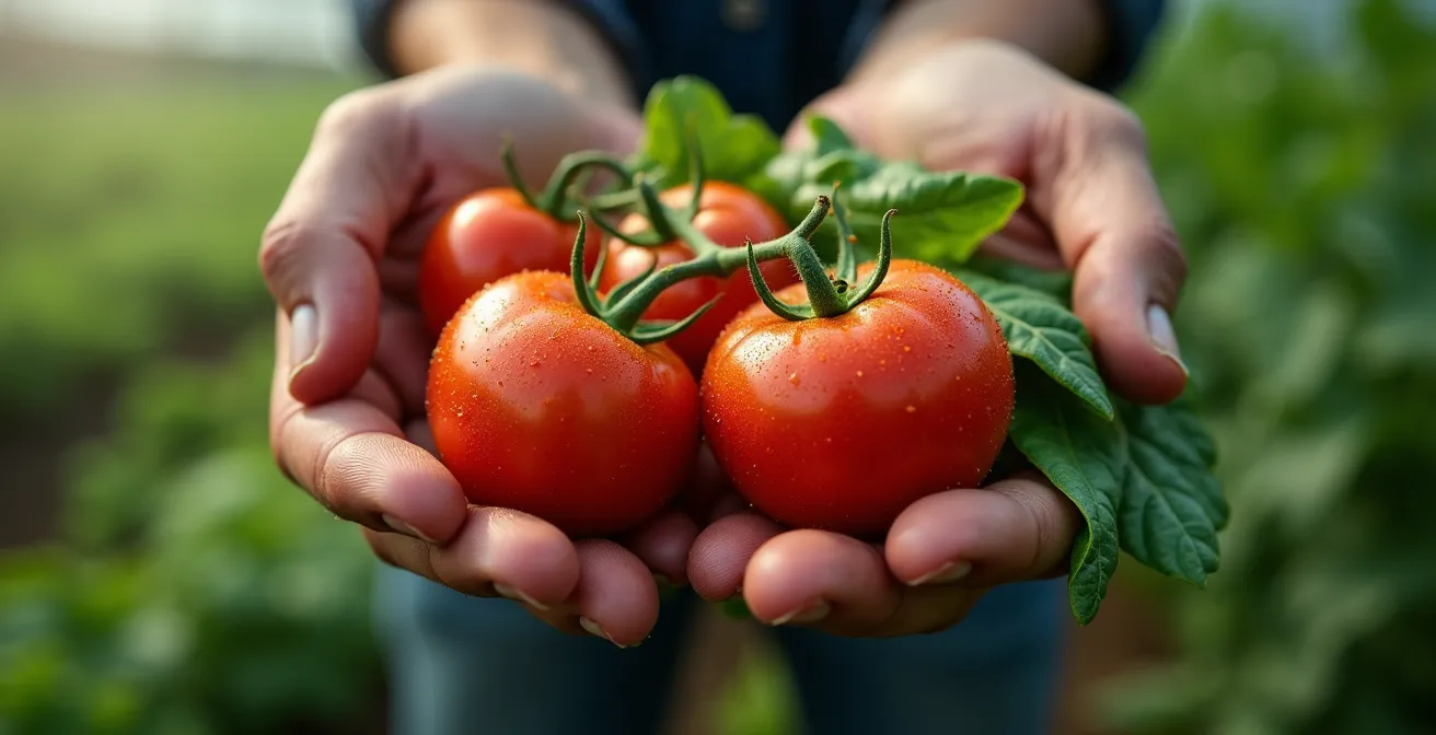 Manos de agricultor sosteniendo productos certificados con sellos de calidad visibles de forma abstracta
