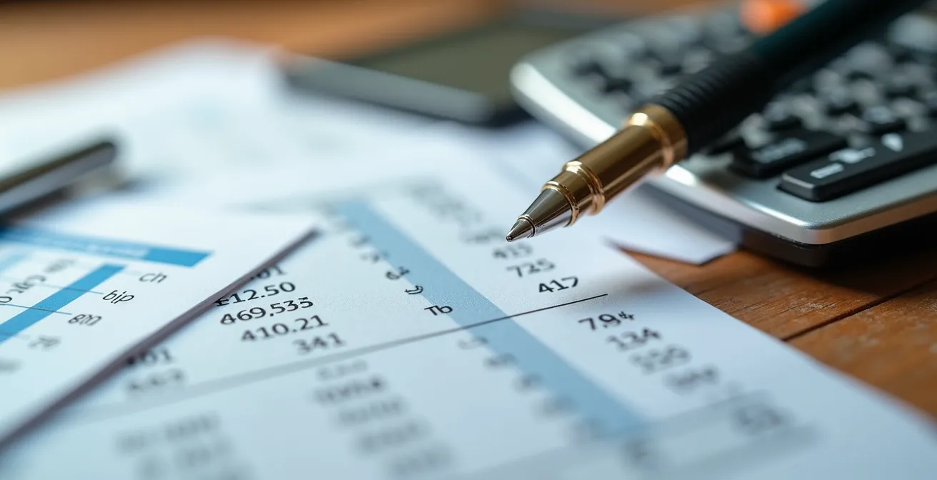 Vista macro de calculadora y documentos fiscales sobre mesa de trabajo