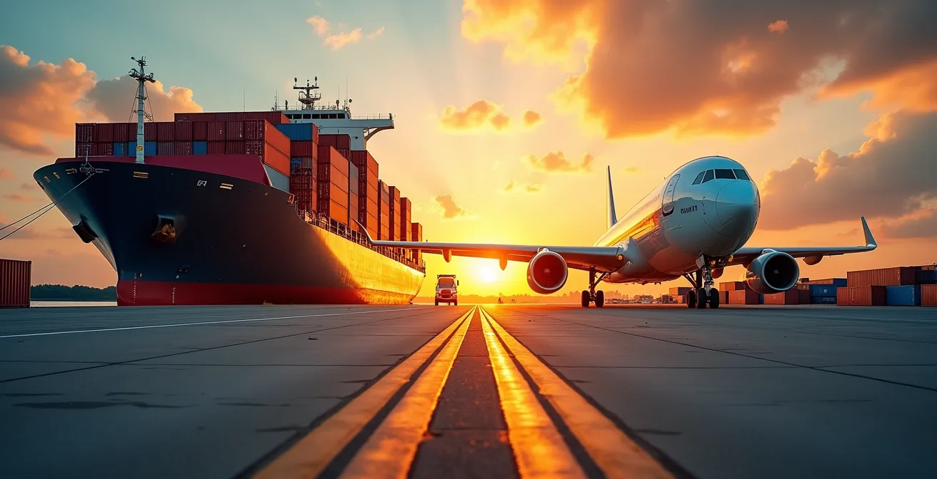 Vista aérea de puerto con buque portacontenedores y avión de carga al fondo