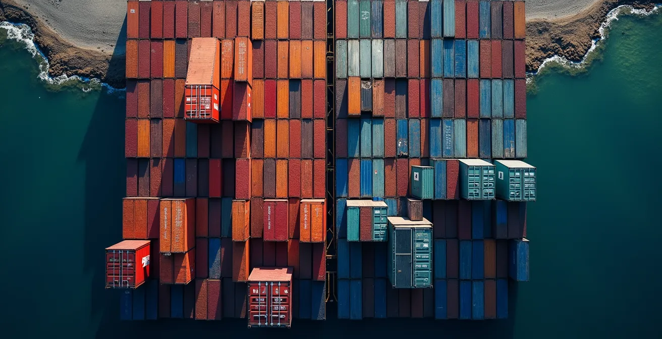 Vista aérea dividida mostrando las infraestructuras portuarias de Valencia y Barcelona con sus zonas logísticas