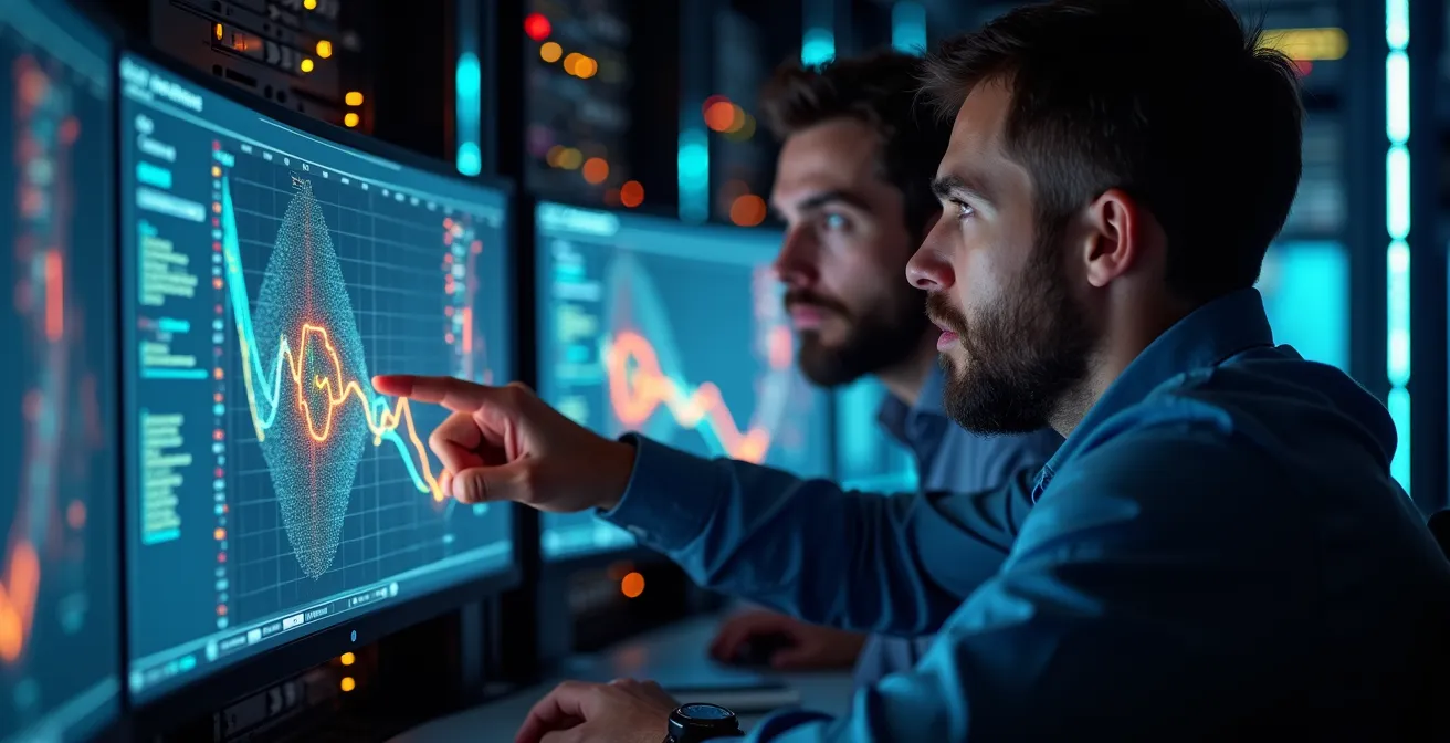 Profesionales IT trabajando en migración de datos con múltiples pantallas mostrando flujos de información