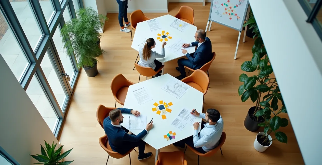 Vista aérea de profesionales en sesión de mentoría y formación en espacio colaborativo