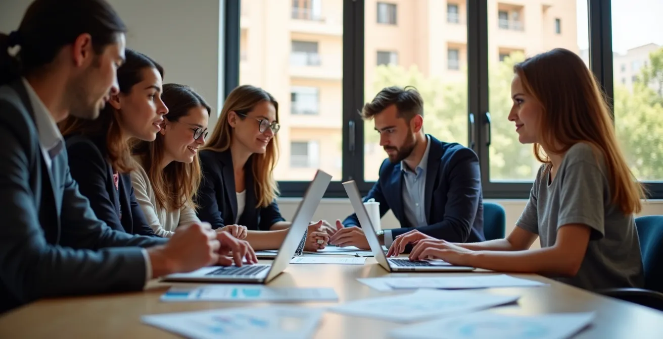 Equipo diverso en sesión de formación tecnológica con visualizaciones interactivas