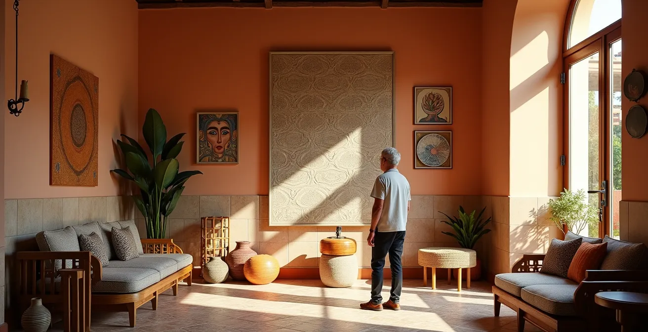 Interior de hotel boutique español con diseño artesanal único y elementos culturales locales
