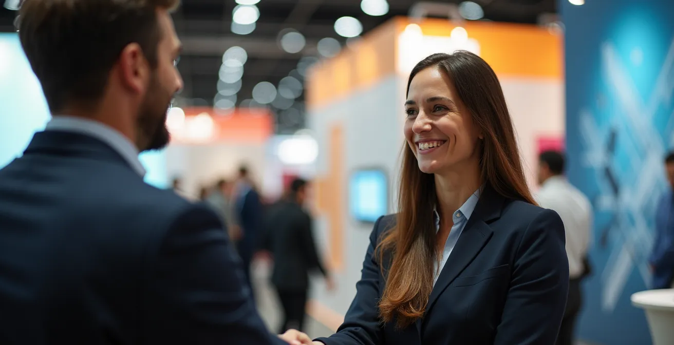 Profesionales intercambiando tarjetas en stand de feria empresarial española