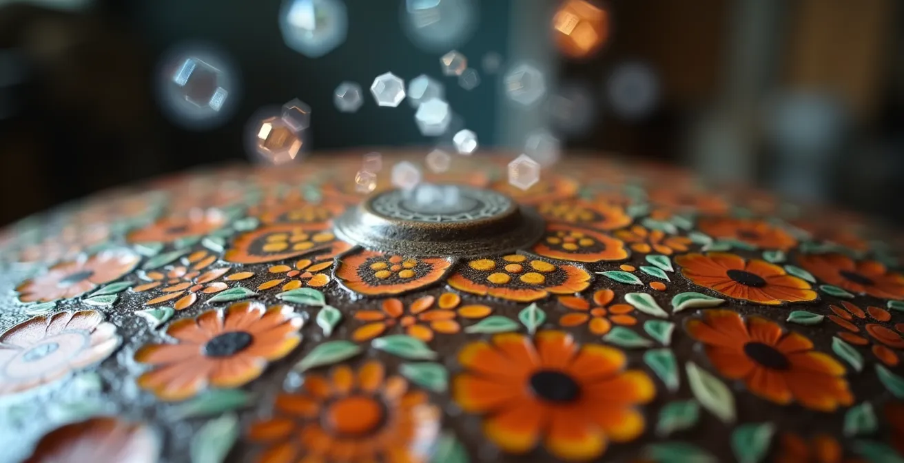 Visualización macro de un certificado NFT holográfico sobre producto artesanal