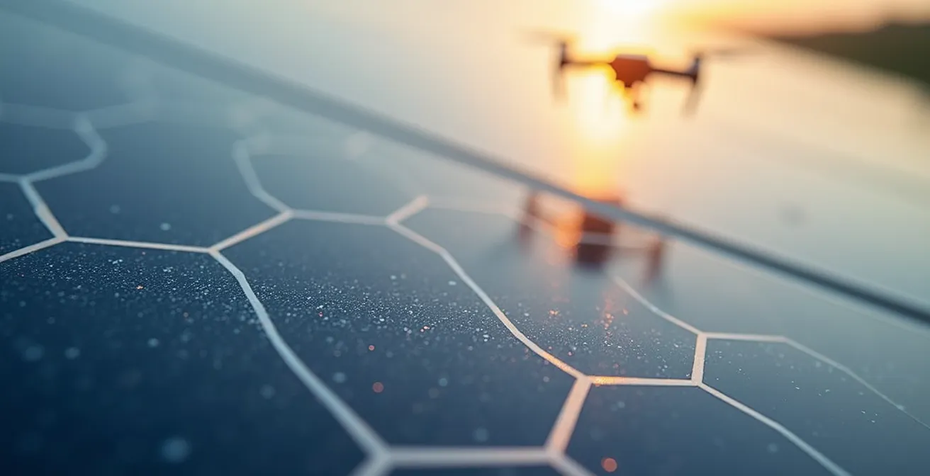 Inspección con drones de un parque solar español mostrando tecnología de mantenimiento predictivo