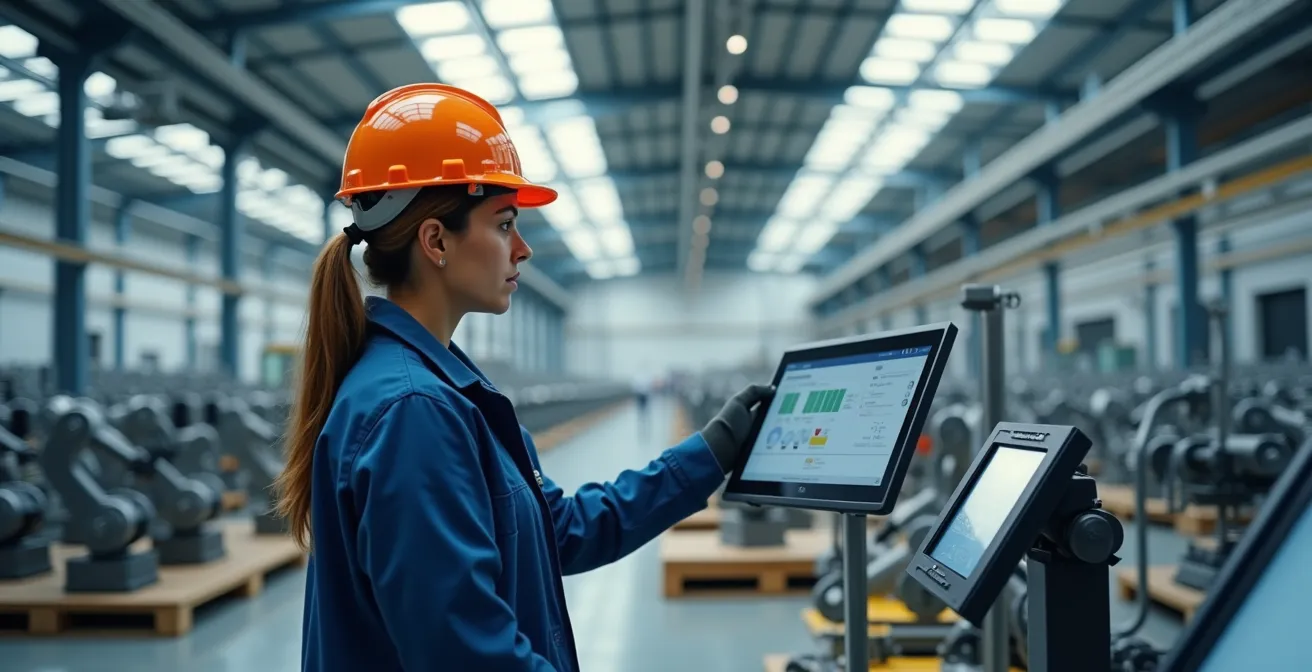 Interior de fábrica española moderna con robots industriales y trabajadores especializados colaborando