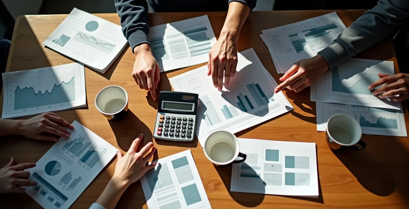 Mesa de trabajo con documentos financieros y calculadora en reunión cooperativa de financiación