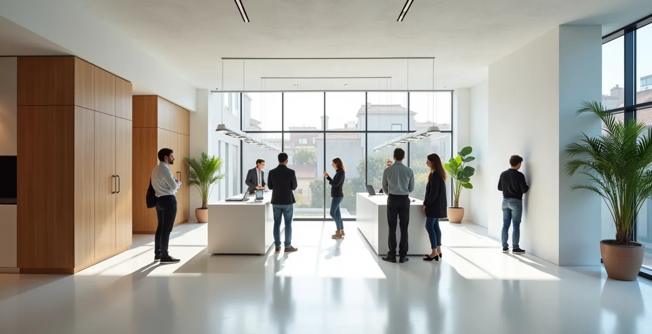 Espacio de coworking moderno en Barcelona Tech City con emprendedores y ejecutivos colaborando