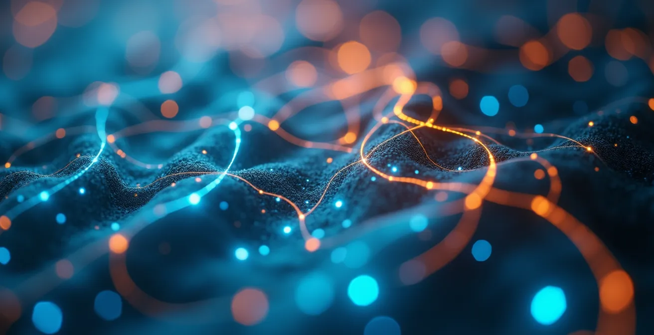 Vista macro de circuitos y conexiones de datos representando flujo de información empresarial