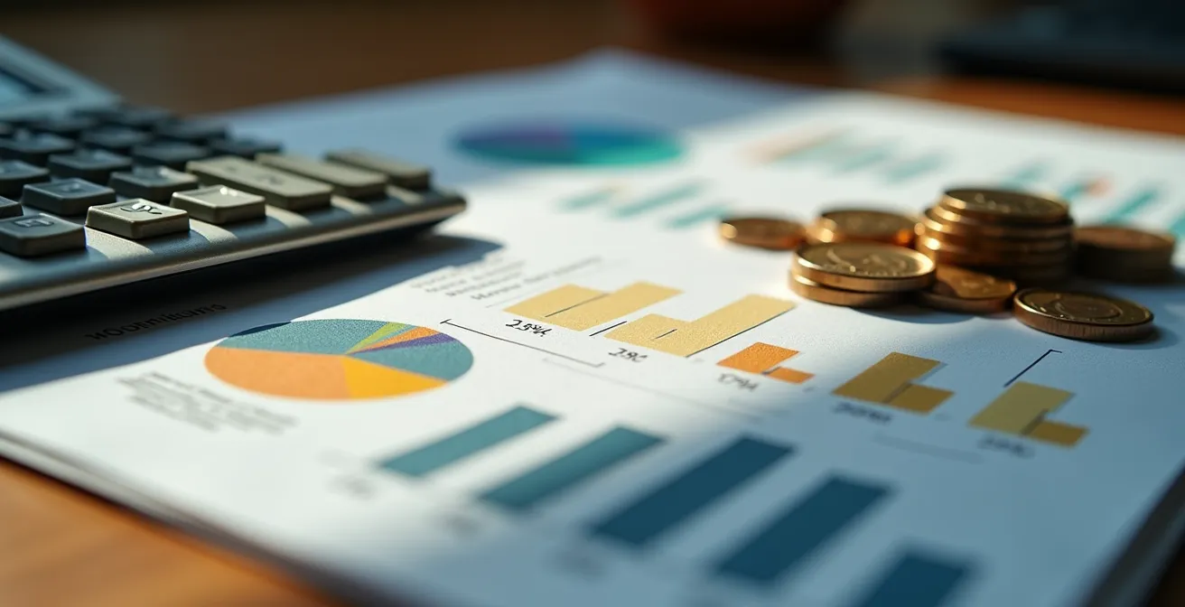Vista macro de documentos financieros con gráficos de barras comparativas y calculadora