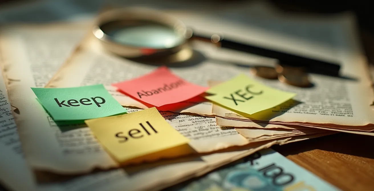 Vista macro de documentos de patentes con marcas de colores indicando decisiones de mantener o abandonar