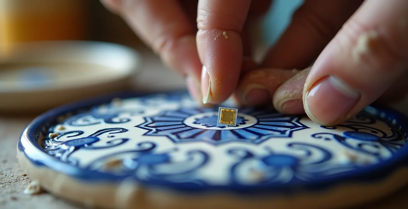 Artesano de cerámica en taller de Talavera preparando pieza con tecnología NFC