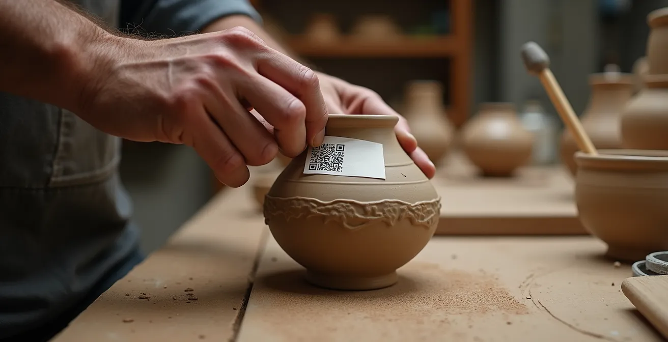 Manos de artesano aplicando etiqueta QR en producto cerámico artesanal