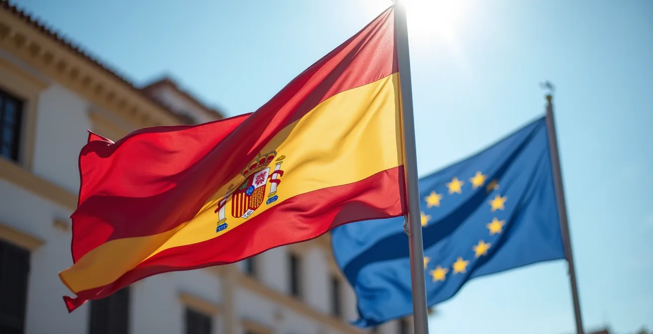 Banderas de la Unión Europea y España ondeando juntas en un edificio gubernamental