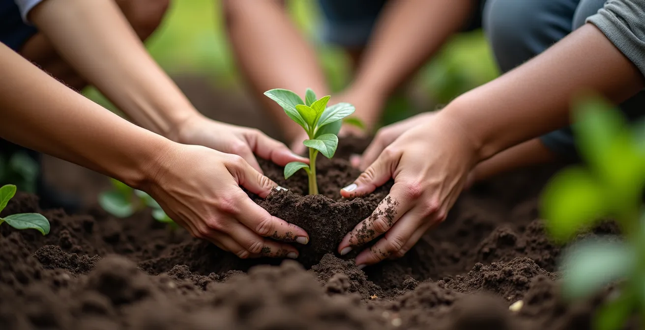 Manos diversas trabajando juntas en proyecto comunitario representando el valor social generado