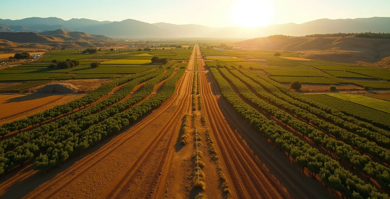 Vista aérea de campos agrícolas españoles mostrando diversidad de cultivos mediterráneos