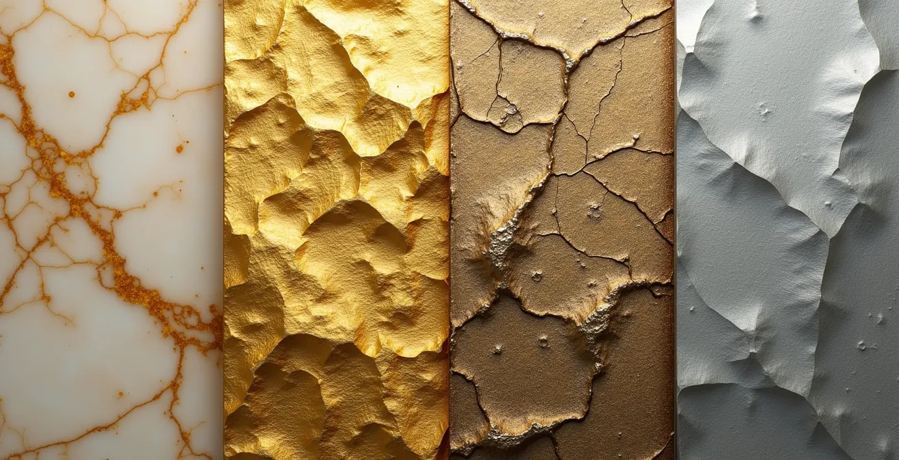 Vista macro de diferentes texturas representando activos financieros diversos sobre superficie de mármol español