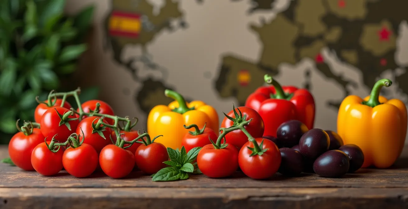 Comparación visual de sellos de certificación agrícola en productos españoles para exportación europea