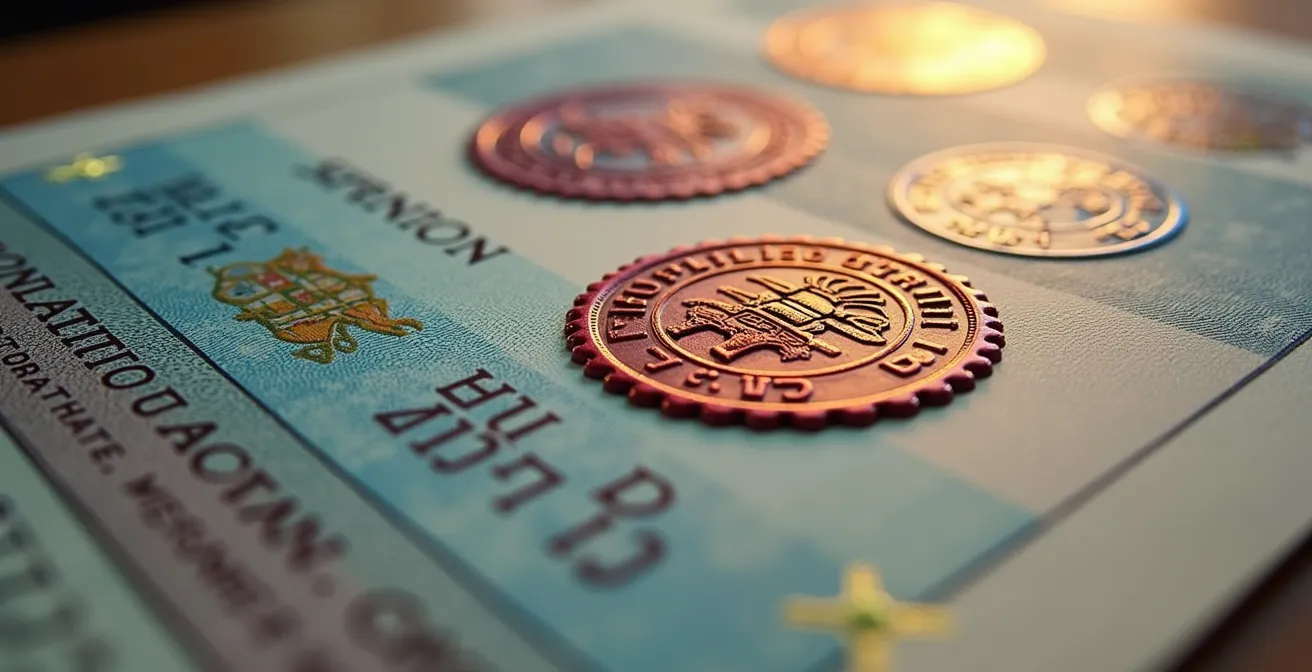 Detalle macro de sello de certificación sobre documentos de exportación