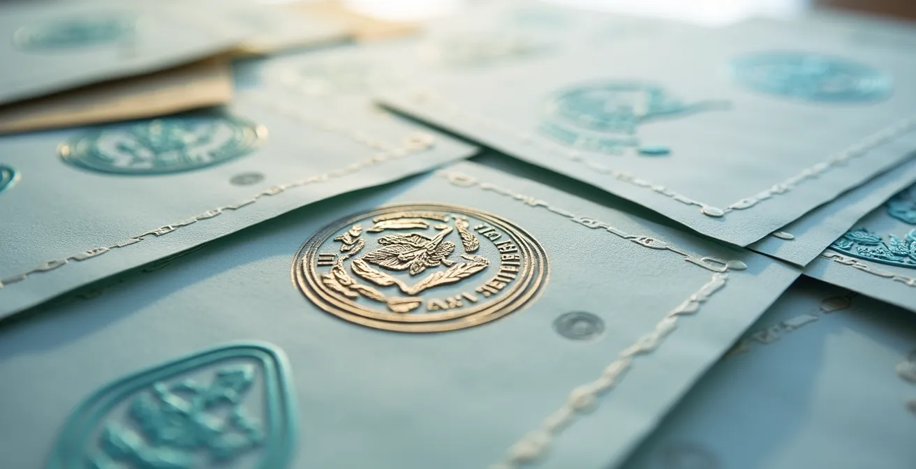 Composición de sellos y certificaciones ambientales sobre mesa de trabajo corporativa