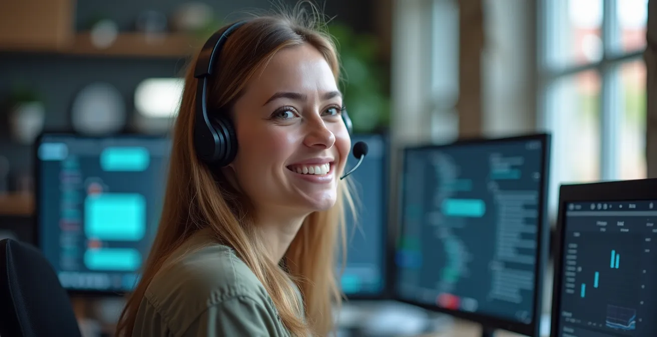 Centro de atención al cliente moderno con pantallas mostrando interfaces de chatbot y métricas de satisfacción