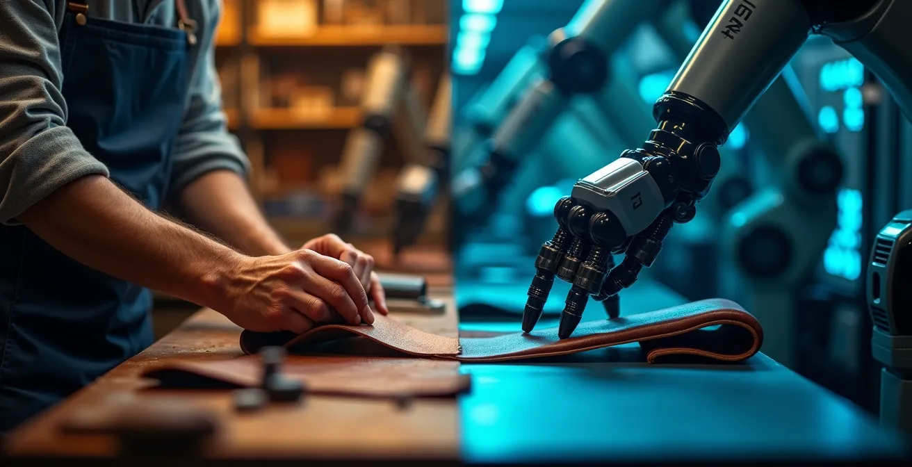 Contraste visual entre fábrica de calzado tradicional y planta de alta tecnología en España