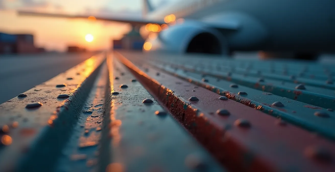 Vista macro de contenedores de carga y avión de carga en aeropuerto internacional