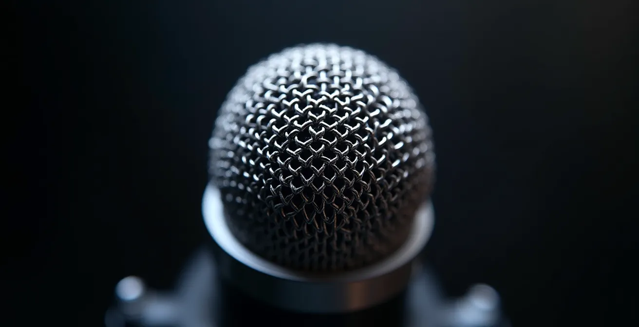 Primer plano macro de micrófono profesional con profundidad de campo extremadamente reducida