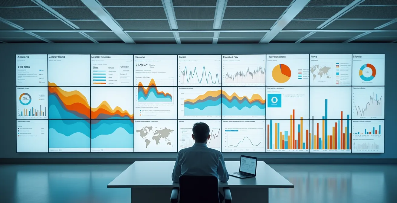 Vista aérea minimalista de sala de control con pantallas mostrando gráficos abstractos de métricas empresariales