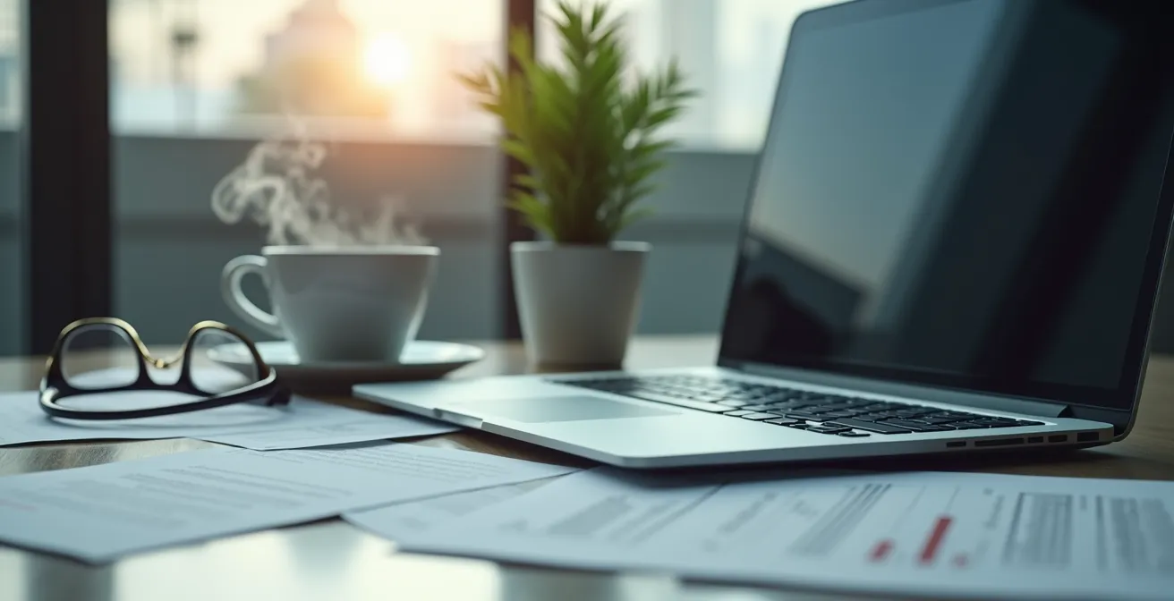 Pantalla de ordenador mostrando gráficos y alertas de cumplimiento normativo desde una perspectiva lateral