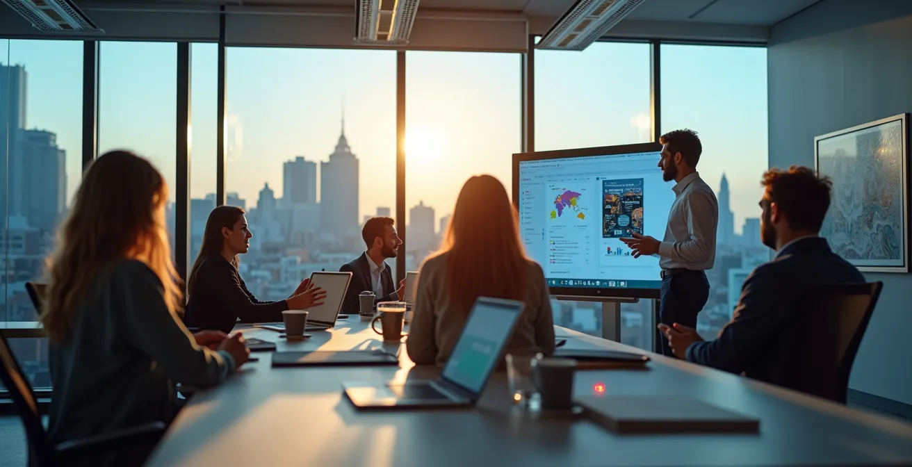 Vista aérea del distrito tecnológico con edificios de oficinas modernos y espacios colaborativos