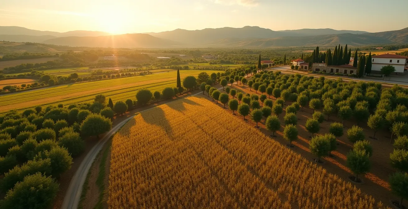 Vista aérea de finca española con múltiples cultivos diversificados mostrando resilencia económica