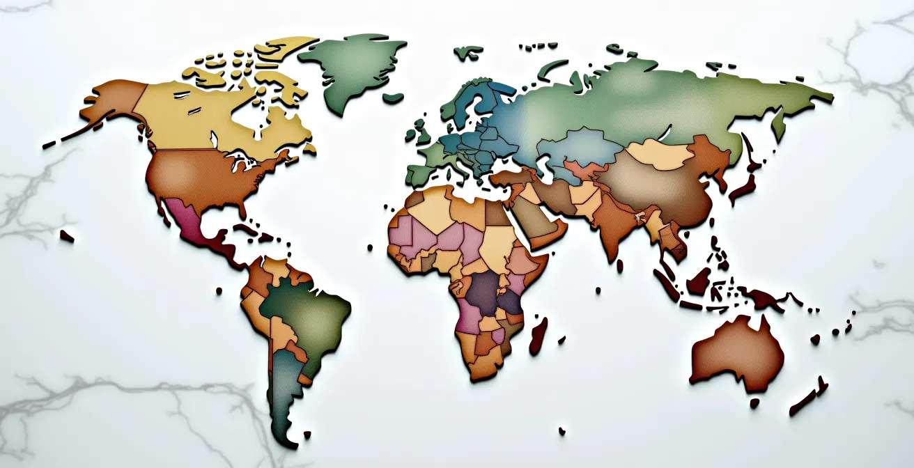 Composición de monedas y billetes de diferentes divisas formando un mapa mundial abstracto sobre superficie de mármol