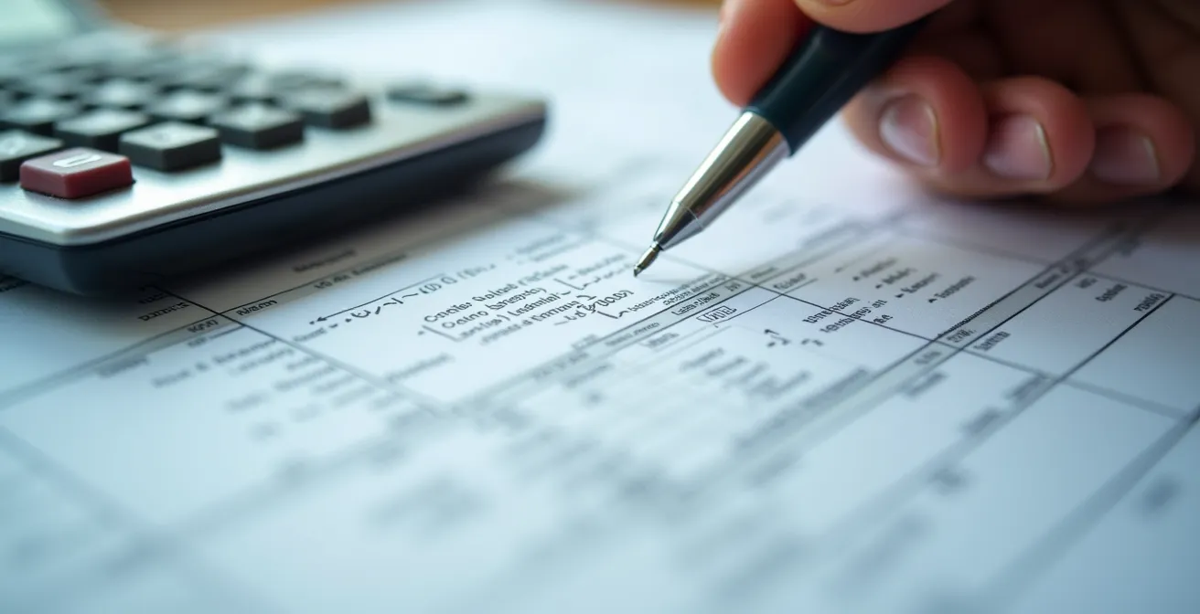 Mesa de trabajo con documentos aduaneros abstractos y calculadora mostrando análisis