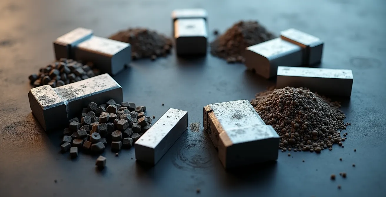 Diagrama visual de economía circular mostrando el flujo de materiales desde producción hasta remanufactura y reciclaje