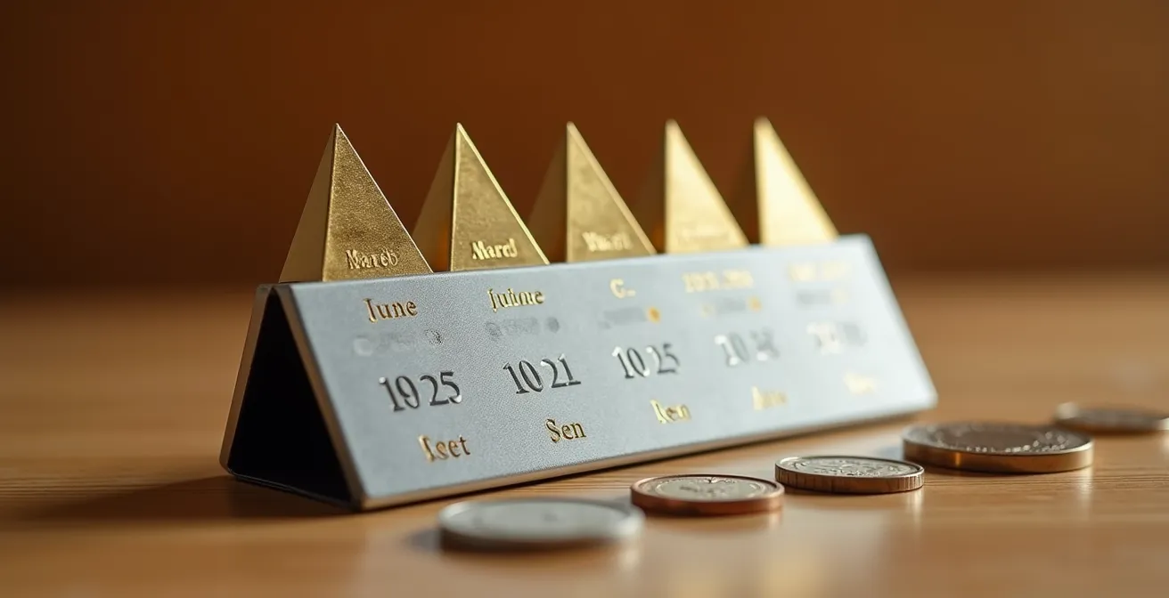 Calendario financiero con marcadores dorados representando vencimientos trimestrales de bonos del Tesoro español