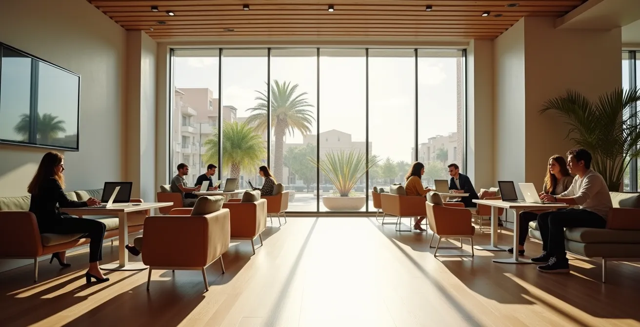 Lobby de hotel moderno transformado en un espacio de coworking durante el día para maximizar la rentabilidad por metro cuadrado.