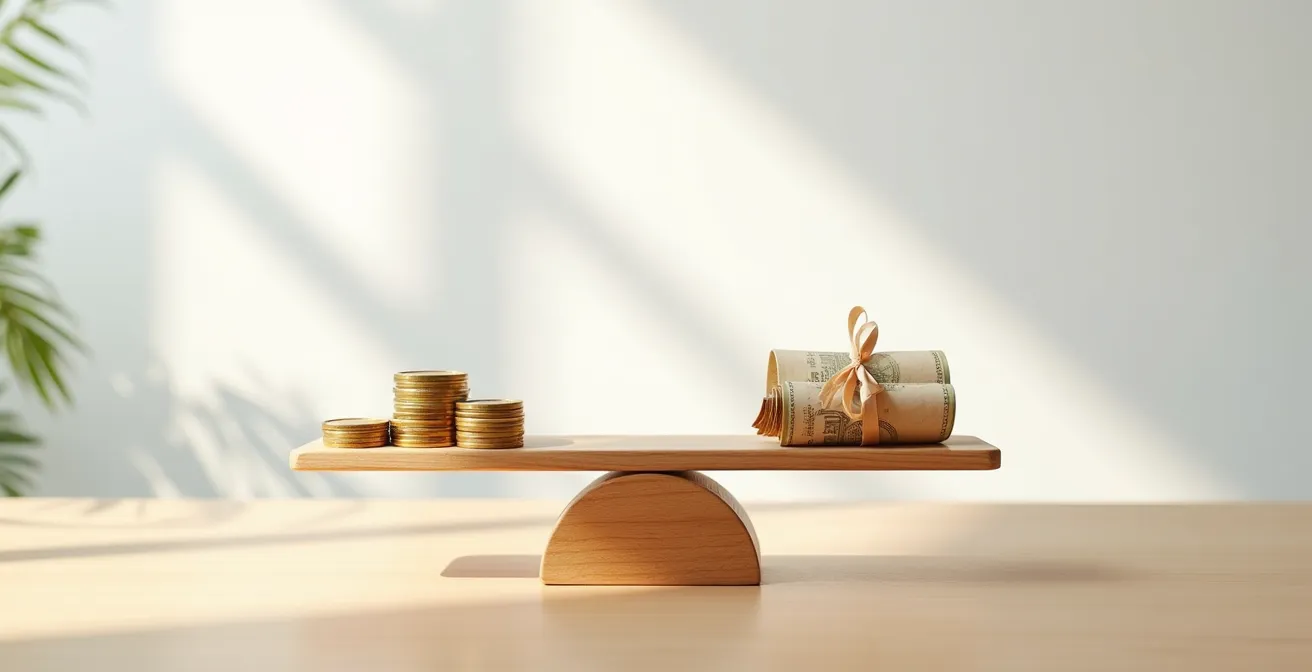 Composición minimalista con dos grupos de monedas españolas en los extremos de una balanza de madera equilibrada