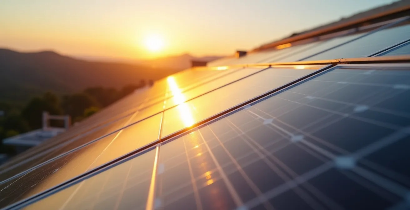 Hotel rural con paneles solares integrados en el paisaje de Canarias, mostrando la sinergia entre turismo y energías renovables.