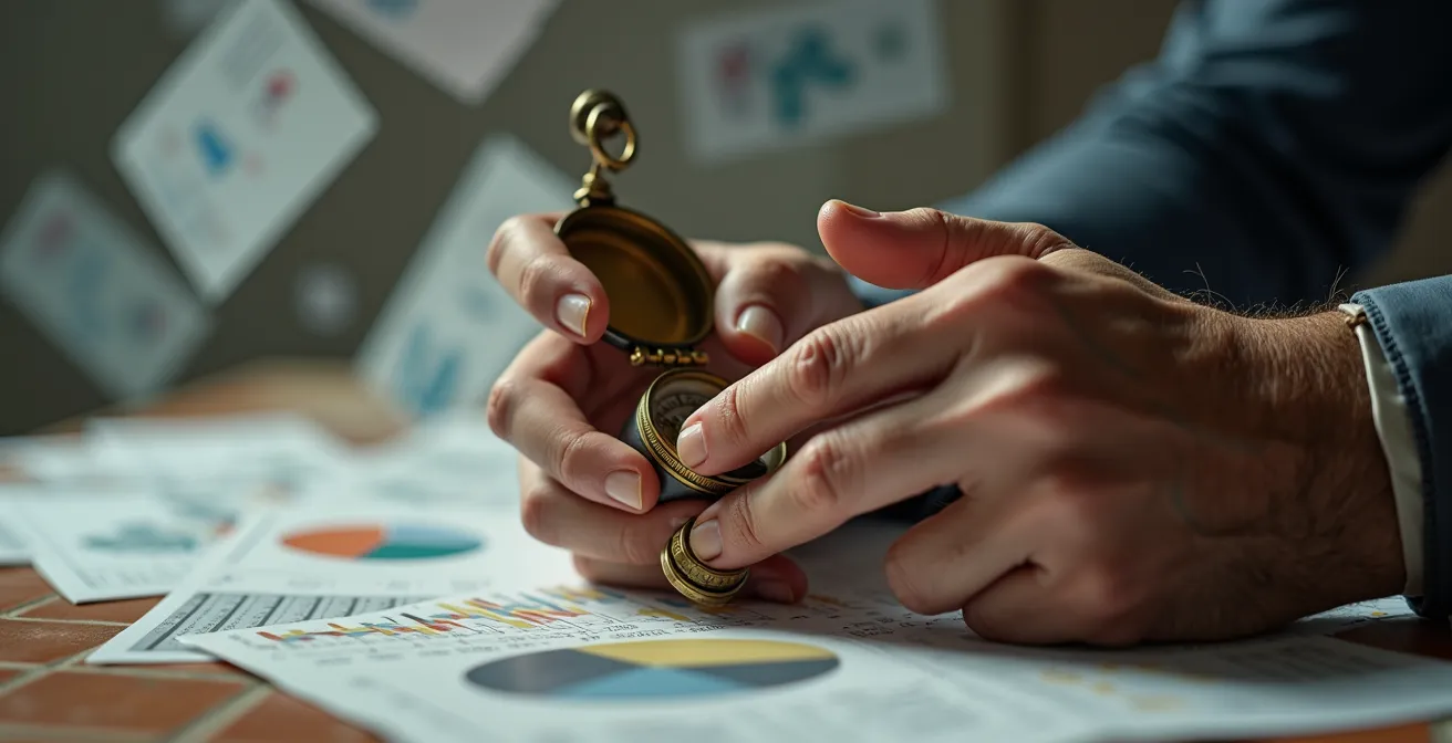 Primer plano de manos tensas sujetando una brújula financiera antigua mientras los papeles vuelan borrosos alrededor
