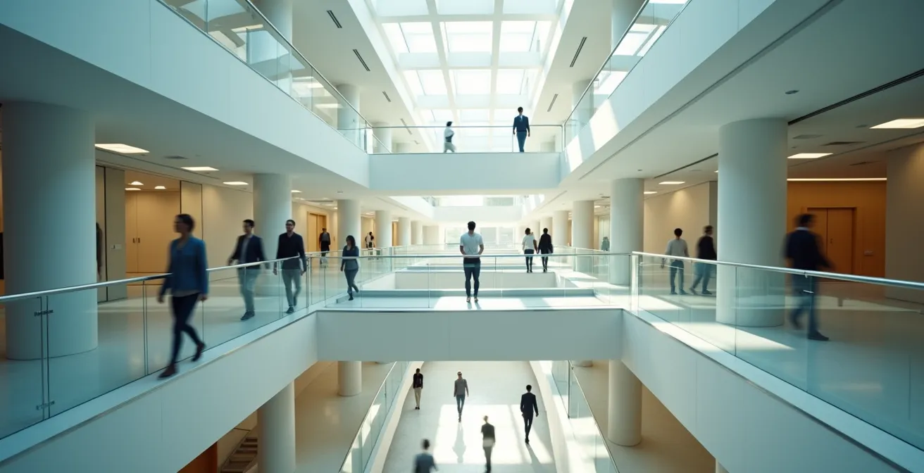 Estructura organizacional moderna mostrando caminos de crecimiento horizontal y vertical