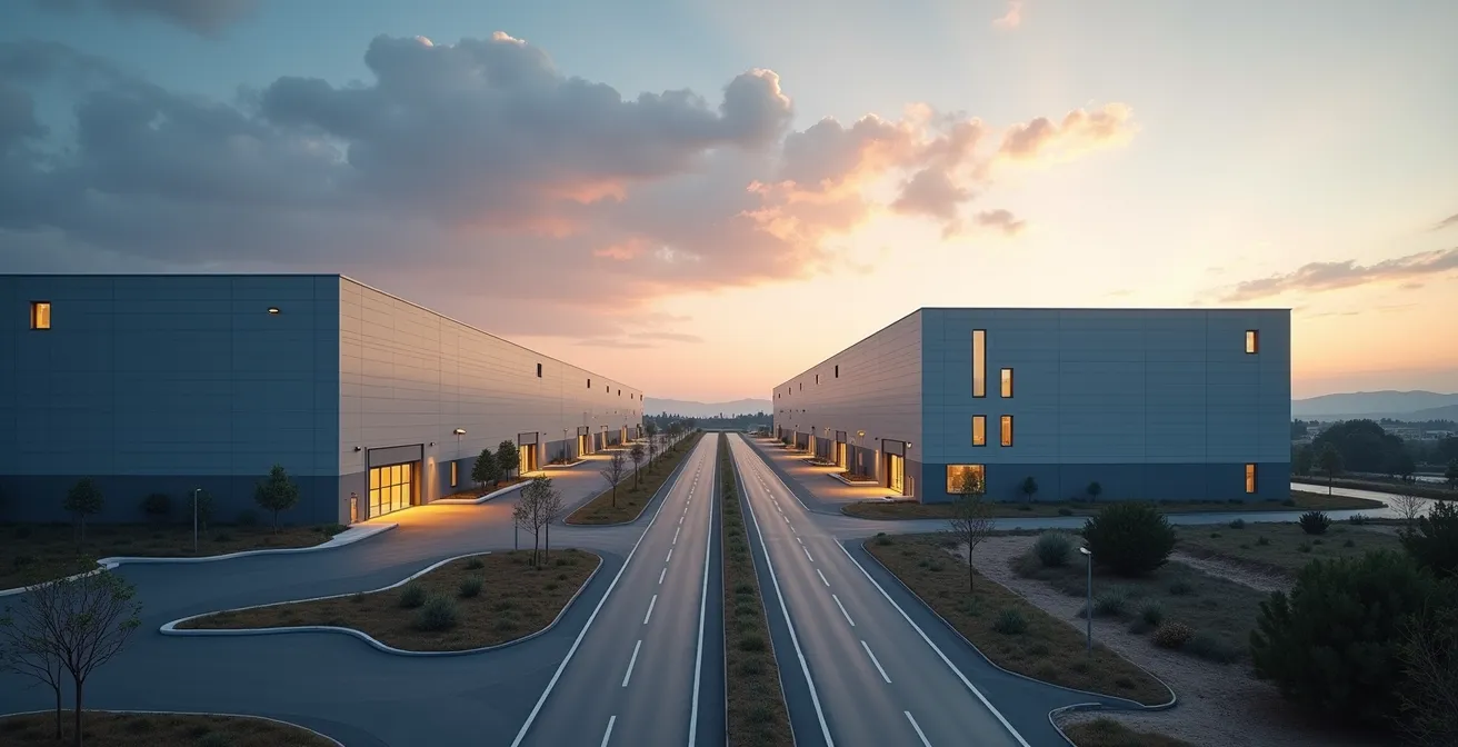 Vista panorámica de zona industrial española con arquitectura regional característica