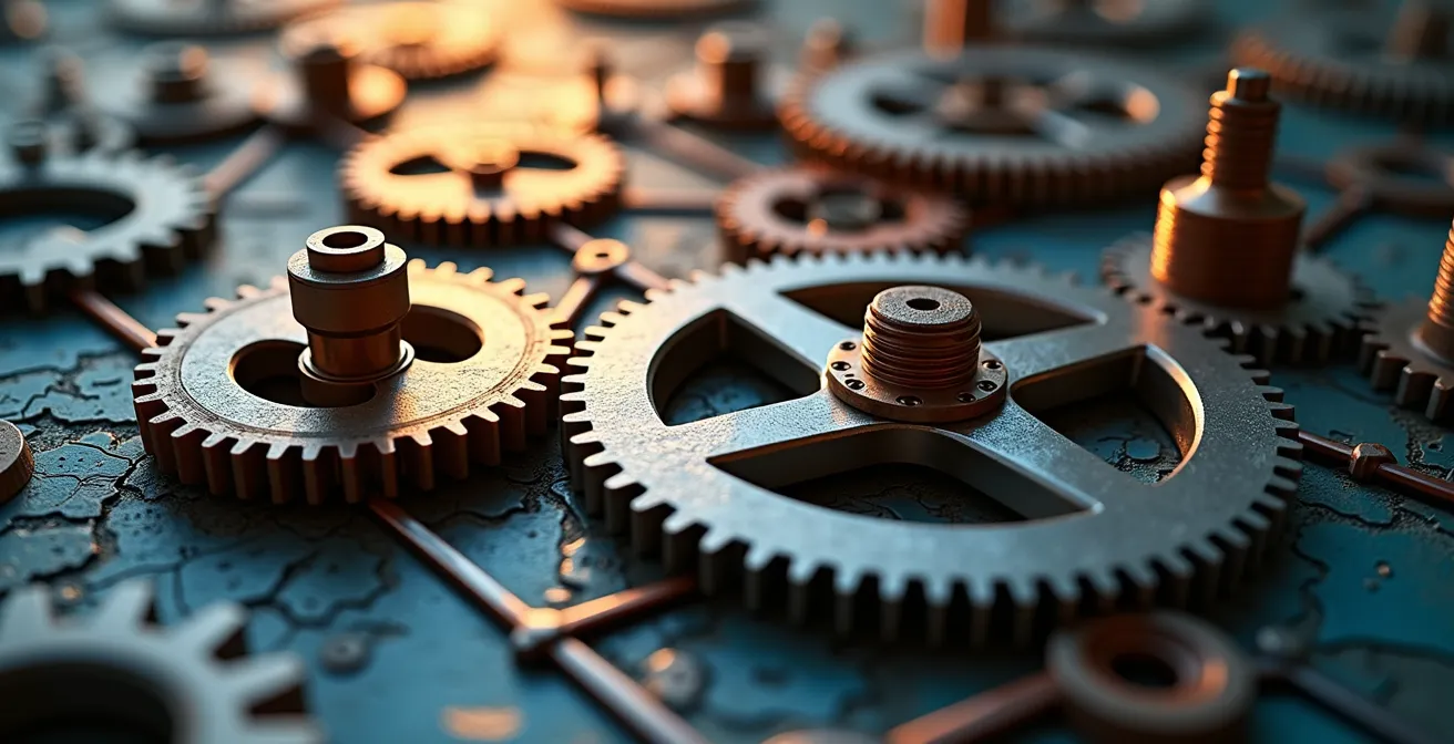 Visualización abstracta de sectores industriales españoles con gradientes de color indicando vulnerabilidad estratégica