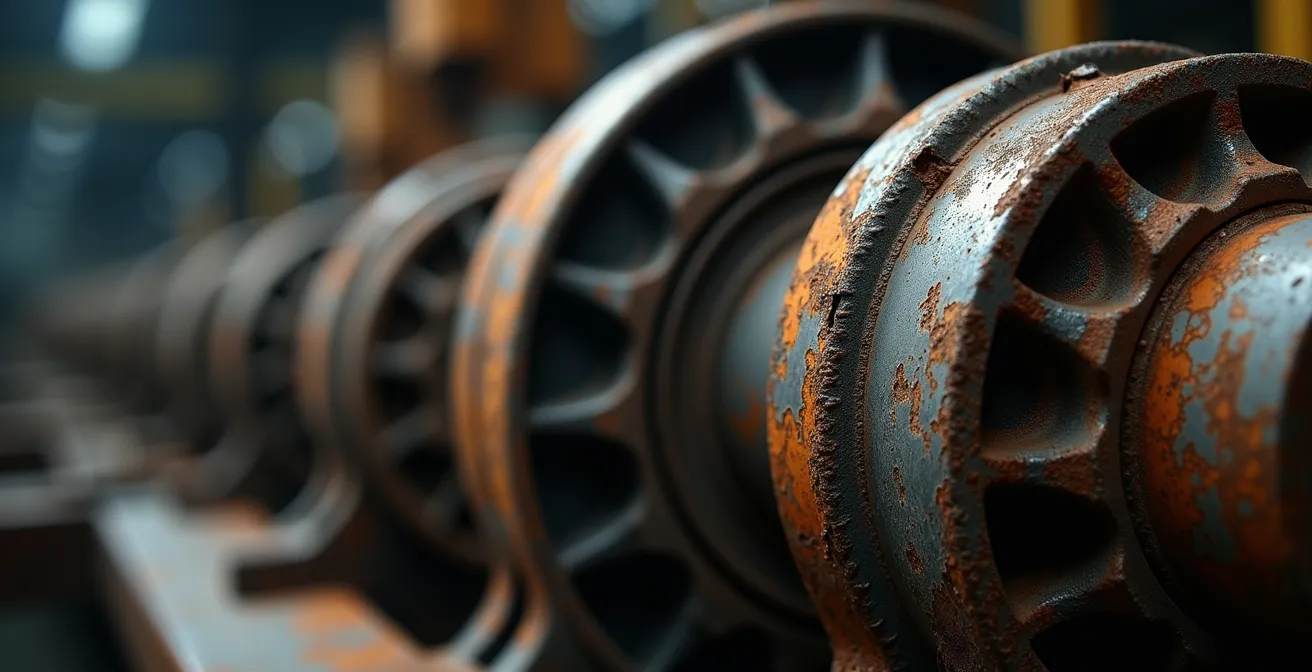 Detalle macro de componentes industriales mostrando desgaste y contraste entre tecnología antigua y moderna