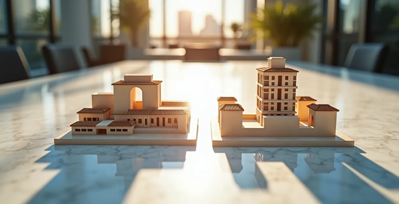 Diagrama visual comparativo entre estructura de holding operativa y holding pura de cartera con flujos de servicios