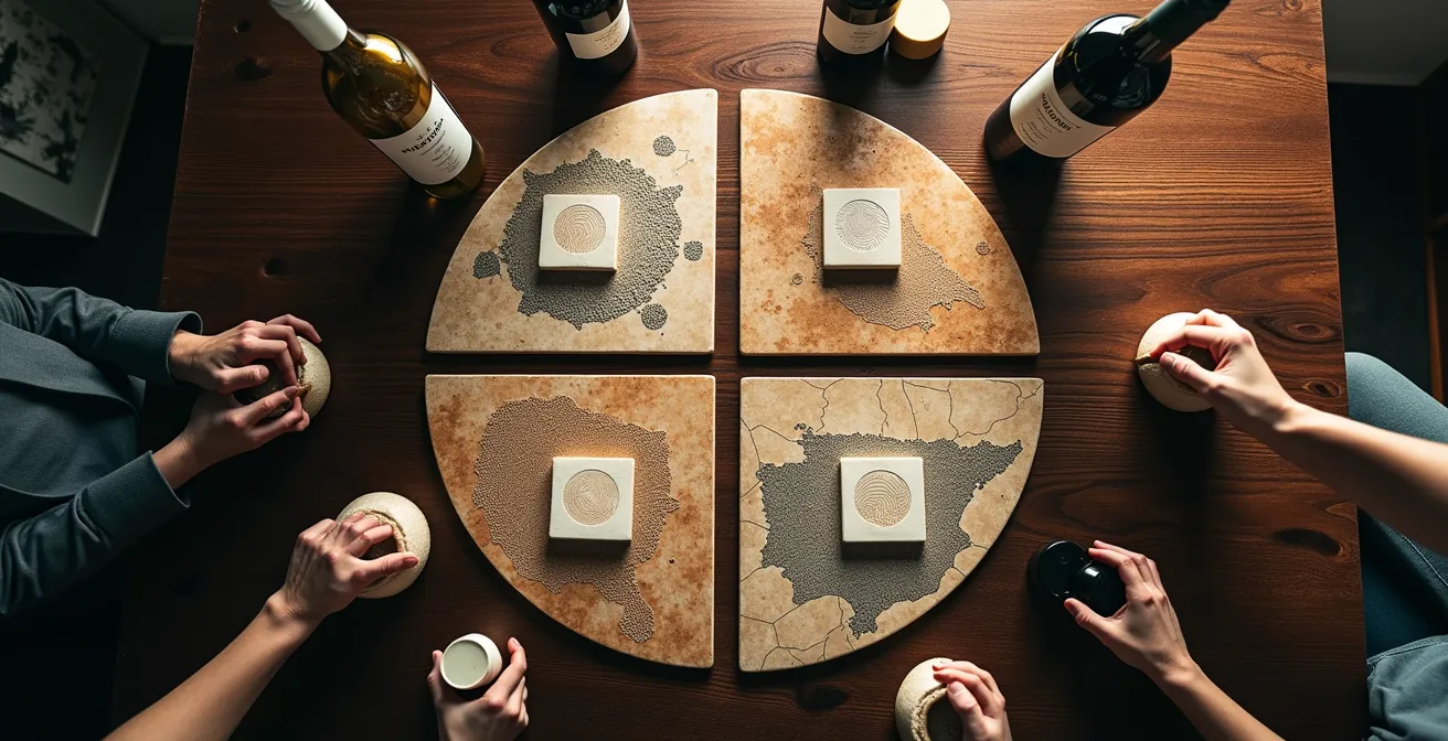 Vista cenital de mesa con gráficos de análisis de mercados y productos españoles